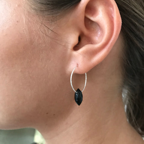 Mini Silver Hoop Black Drop Earrings