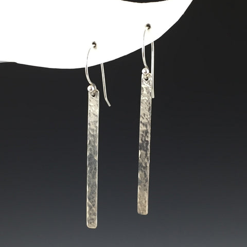 Silver Hammered Bar Earrings - Long