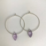 Silver Hoop Amethyst Oval Drop Earrings - M