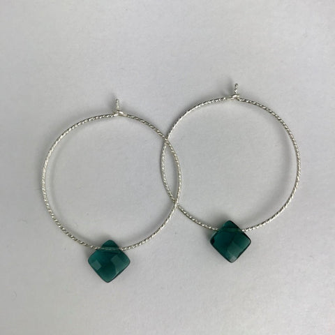 Silver Hoop Teal Drop Earrings - L