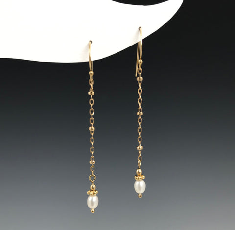 Gold Beaded Chain Pearl Earrings